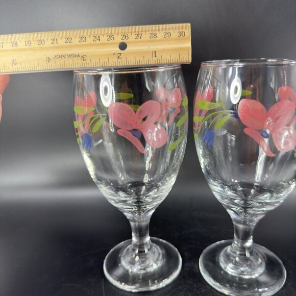 Libbey Barware Glasses Pink Flowers Water Goblet Drinking Glasses Set 2 VTG - Picture 6 of 14